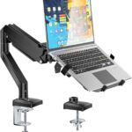 WALI Laptop Desk Mount, 2-in-1 Monitor Mount with Adjustable Laptop Tray, Fits Max 17″ Notebook and 34″ Computer Screen, Max Holds 22-26.4 lbs, Single Monitor Laptop Stand for Desk (GSMP001NLP), Black