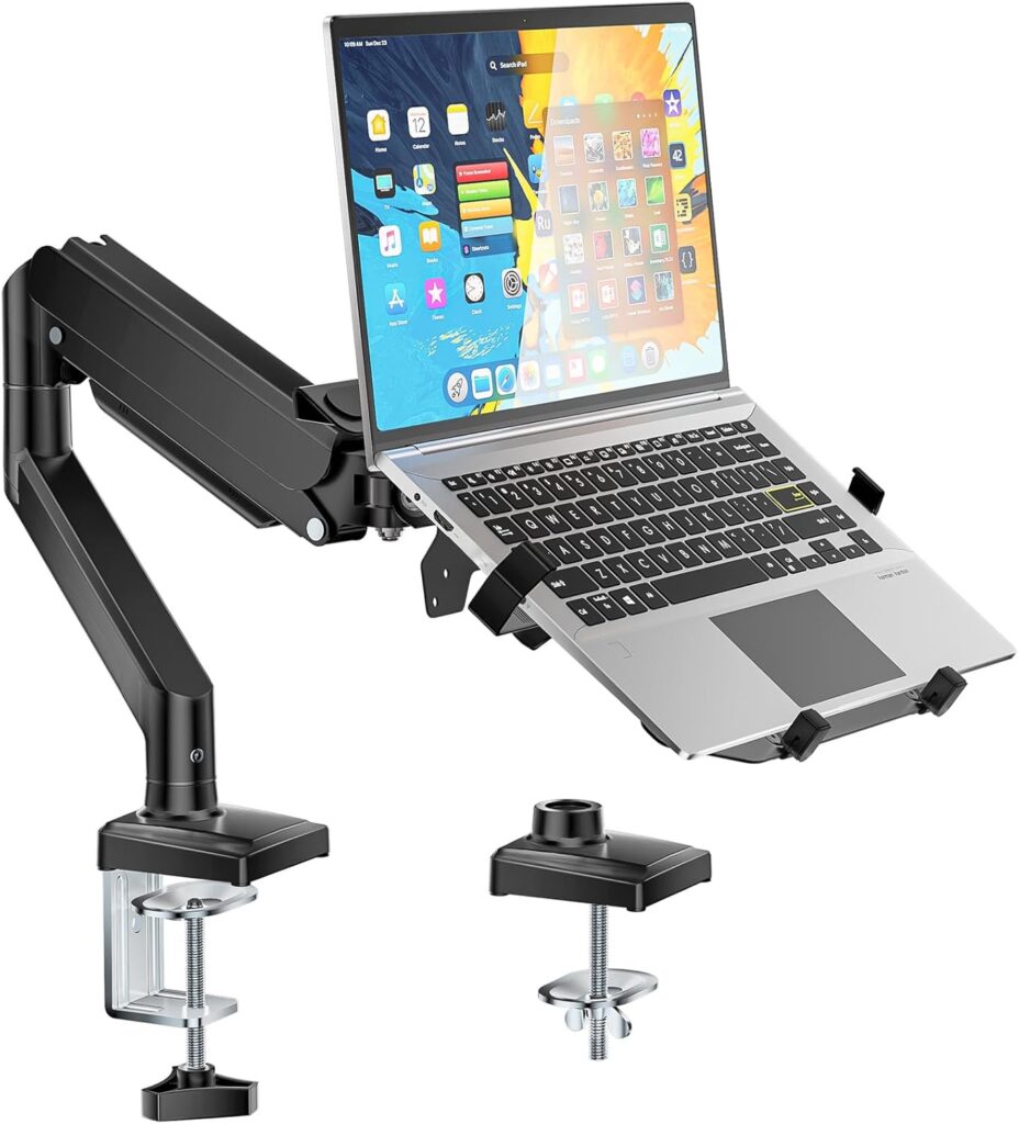 WALI Laptop Desk Mount, 2-in-1 Monitor Mount with Adjustable Laptop Tray, Fits Max 17″ Notebook and 34″ Computer Screen, Max Holds 22-26.4 lbs, Single Monitor Laptop Stand for Desk (GSMP001NLP), Black