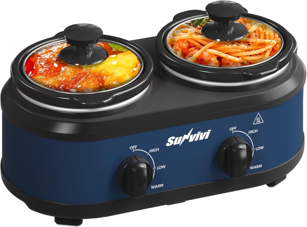 Double Slow Cooker,2 Removable Pots Small Mini Crock Buffet Server and Warmer with Adjustable Temp, Visible Glass Lids, Dishwasher Safe, 2 x 1.25 Quart, Blue