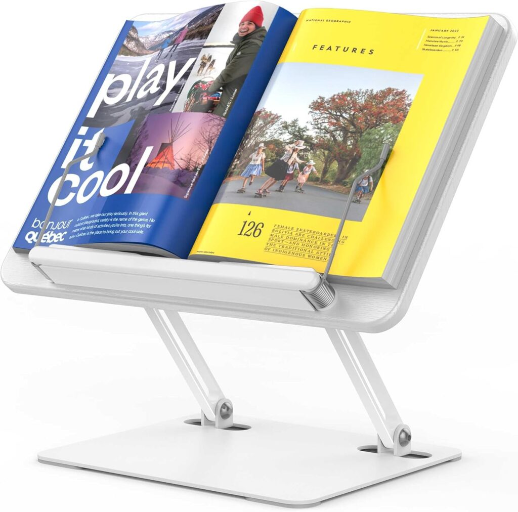 BESIGN BS01 Book Stand for Reading, Adjustable Book Holder, Ergonomic Laptop Stand with Elastic Page Clips for Music Scores, Recipe, Tablet, Laptop (White)