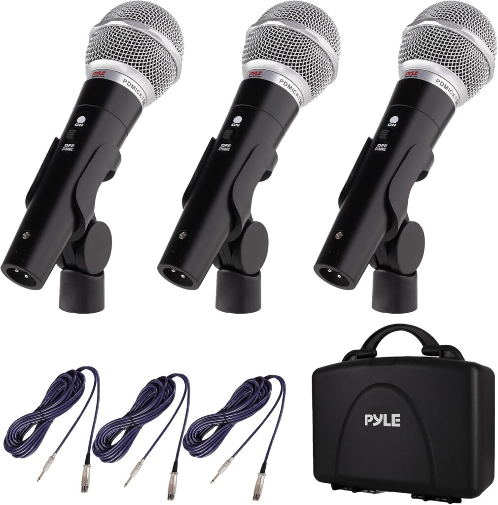 Pyle 3 Piece Professional Dynamic Microphone Kit Cardioid Unidirectional Vocal Handheld MIC with Hard Carry Case & Bag, Holder/Clip & 26ft XLR Audio Cable to 1/4” Audio Connection (PDMICKT34),Black