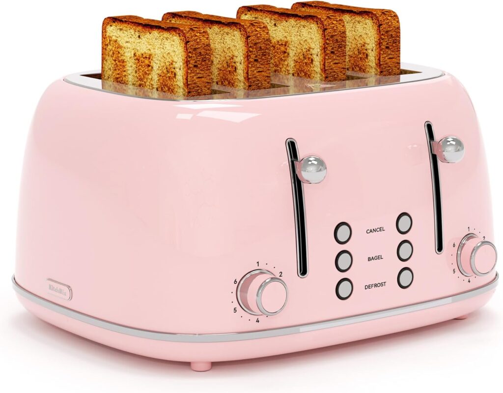 Toaster 4 Slice, Retro Stainless with 6 Bread Shade Settings,1.5”Wide Slots Toaster with Cancel/Defrost/Reheat Functions,Dual Independent Control Panel, Removal Crumb Tray (Pink)