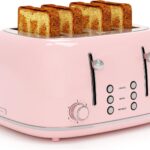 Toaster 4 Slice, Retro Stainless with 6 Bread Shade Settings,1.5”Wide Slots Toaster with Cancel/Defrost/Reheat Functions,Dual Independent Control Panel, Removal Crumb Tray (Pink)