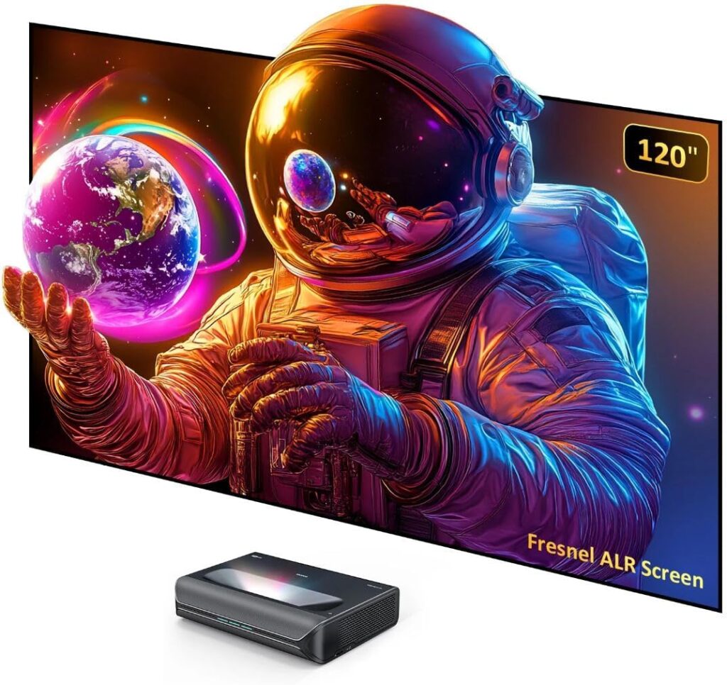 NexiGo Aurora Pro MKII, with 120″ Fresnel ALR Screen, Factory Calibrated Color Accuracy, 4K Tri-Color Laser Ultra Short Throw Projector, 30000:1 Contrast Ratio, Dolby Vision & Atmos, HDR10+, 3D