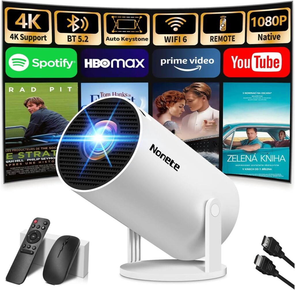 [2026 Upgraded] Mini Projector Support 4K 1080P FHD Auto Keystone 270° Rotatable with WiFi 6 and Bluetooth 5.2 Projector Portable Compatibile with HDMI/TV Stick/Memory Stick/Laptop,White