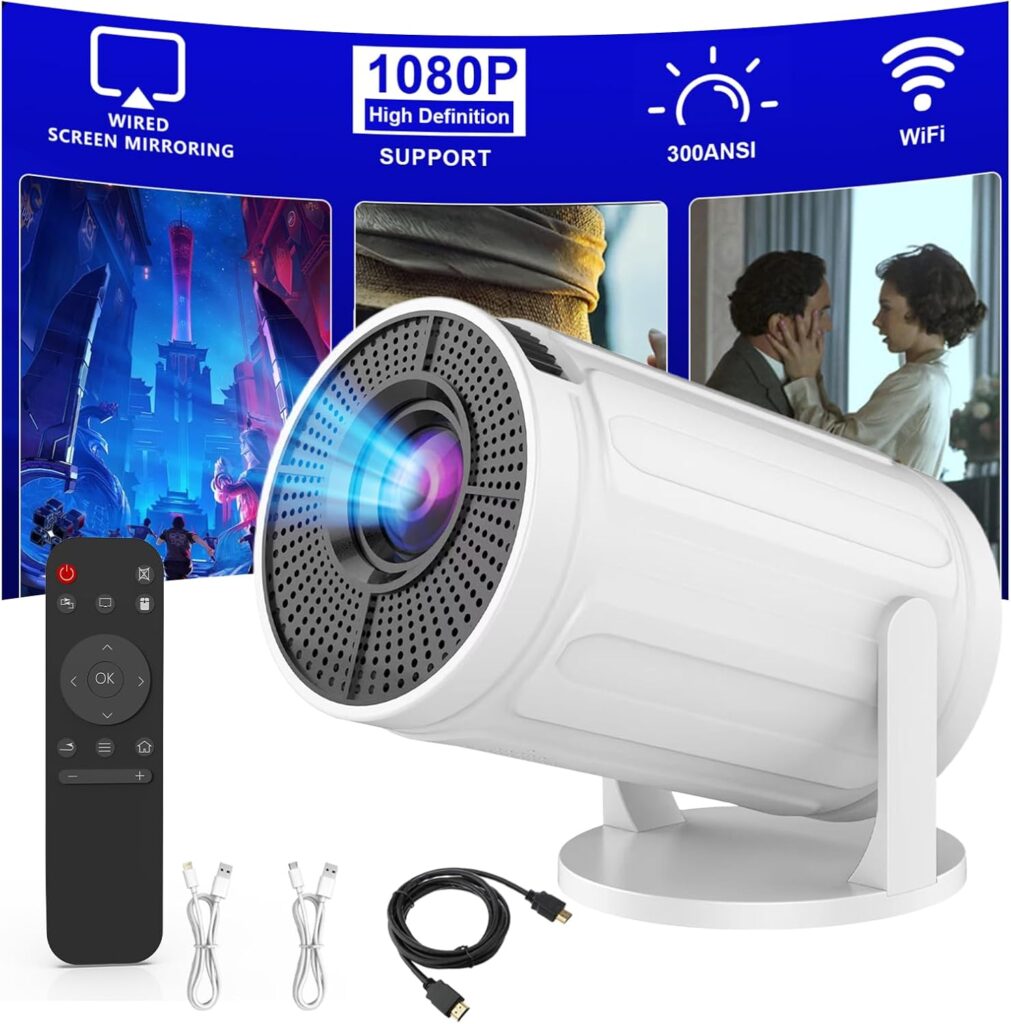 Wireless Mini Projector with WIFI, 4K 1080P Support Portable Projector 180° Rotatable. 17″-130″ Screen Movie Projector. Compatible for Smartphone, Laptop, PC