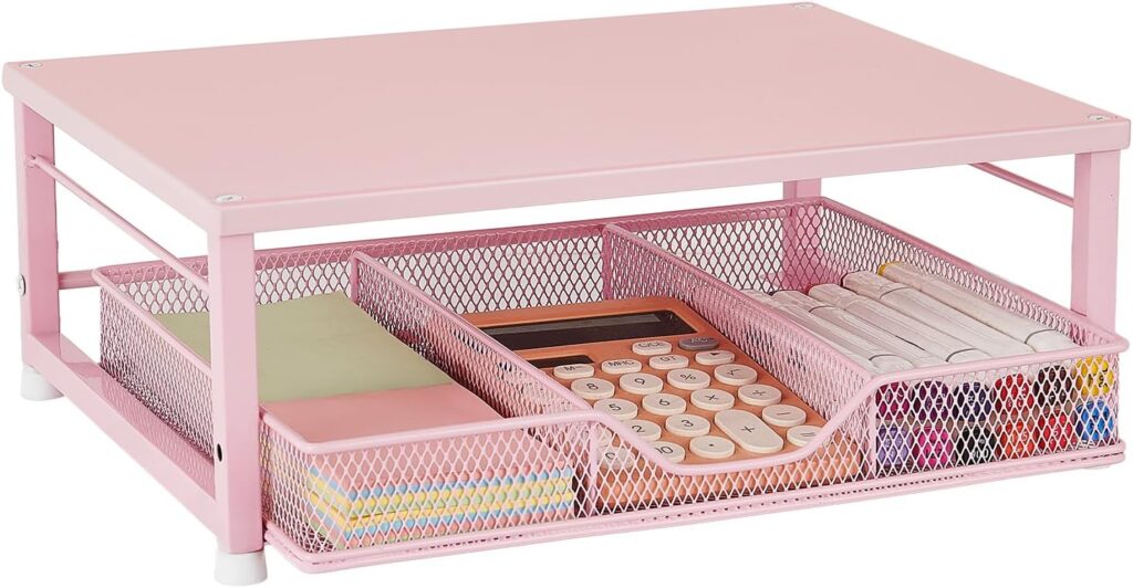 Small Pink Laptop Stand for Desk, Monitor Stand, Office Desk Accessories, Computer Desktop Stand with Drawer for Home, Office, School (Pink)