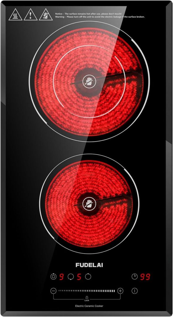 2-Burner Electric Cooktop, 3200W 240V Ceramic Hot Plate with 9 Power Levels,Touch Control,Auto Safety Lock,Timer,UL Certified Plug, For Built-in/Countertop Use/RV Camping