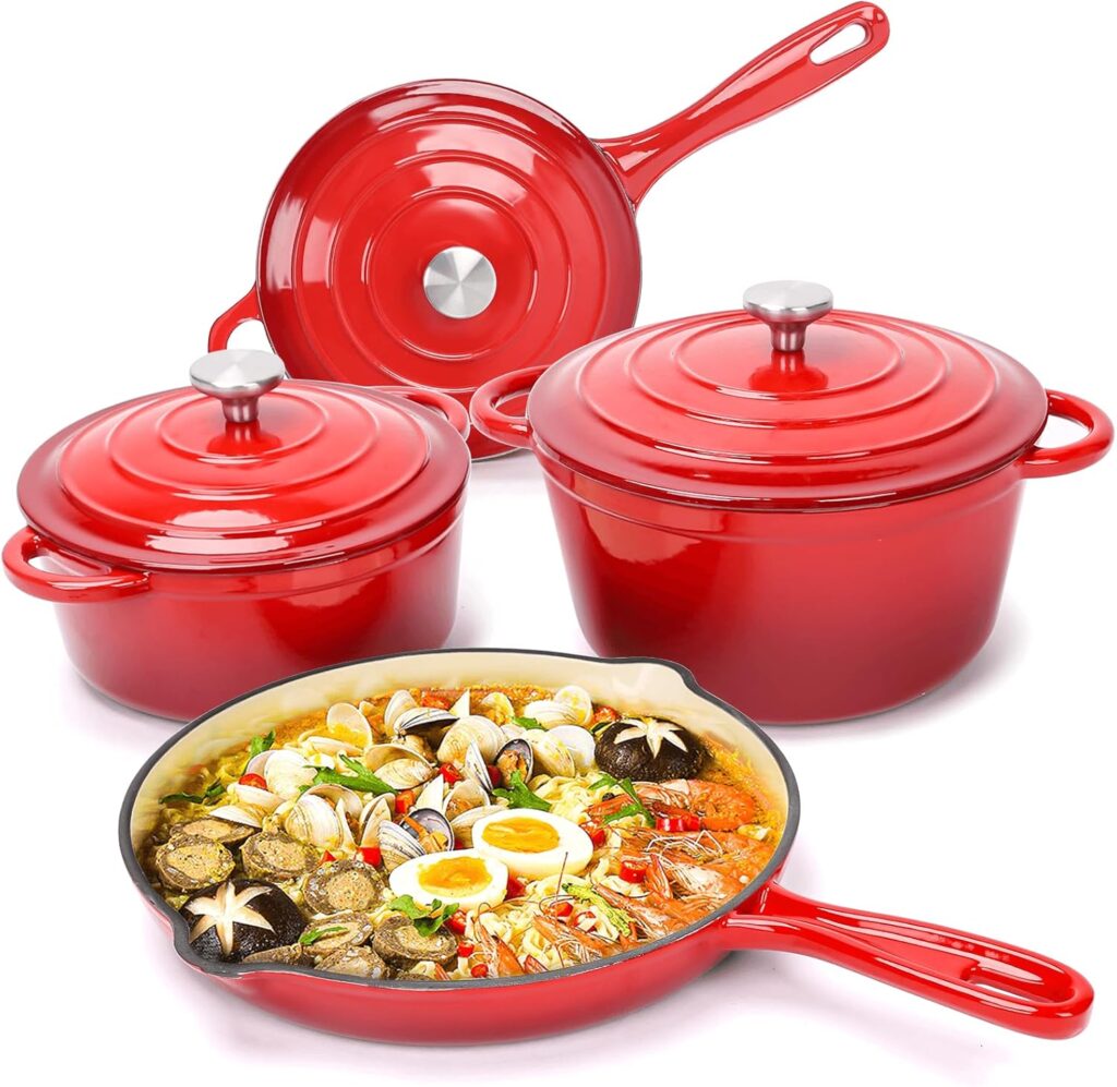 Hisencn Enameled Cast Iron Cookware Set – 7 Piece Dutch Ovens Set, Sauce Pan, Skillet, 3 Lids, Pots and Pans Set, Ceramic Coated Cast Iron, Heavy Duty, Gas/Induction Compatible, PFA Free, Rouge Red