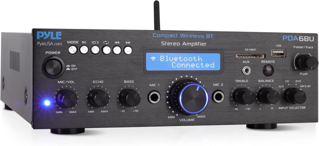 Pyle Wireless Bluetooth Power Amplifier System – 200W Dual Channel Sound Audio Stereo Receiver w/ USB, SD, AUX, MIC IN w/ Echo, Radio, LCD – For Home Theater Entertainment via RCA, Studio Use – PDA6BU