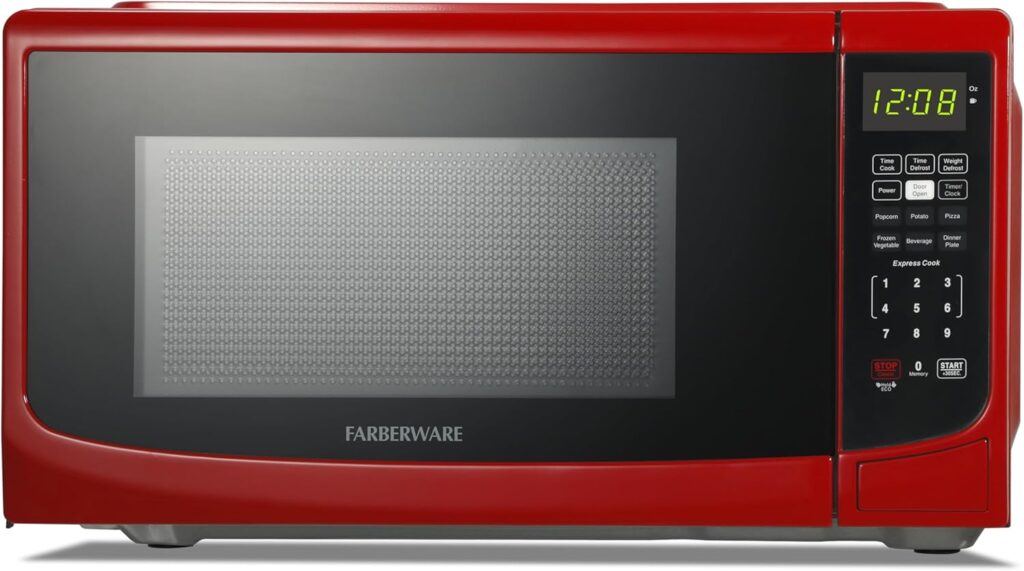 Farberware 0.7 Cu. Ft. Countertop Microwave Oven – 700 Watts Power, Auto Cook Settings, Defrost, Easy Clean and Child Safety Lock – Red