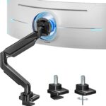 ARES WING Ultrawide Monitor Arm, Heavy Duty Single Monitor Mount for 13″-49″ Curved Screens, Adjustable Stand for Desk with C-clamp & Grommet Base up to 40 LBS, Black