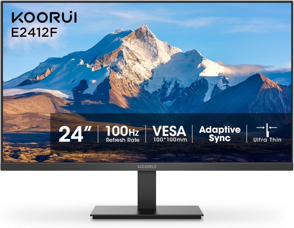 KOORUI 24-inch Computer Monitor Full HD 1920 x 1080p 100Hz VA Display 3000:1 Contrast Ratio with HDMI VGA, Three-Sided Slim Bezels, 100 x 100 mm VESA Mountable, Ergonomic Tilt, Black
