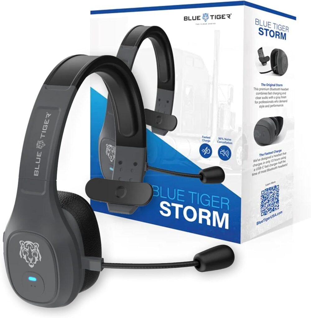Blue Tiger Storm Gray – Premium Trucker Bluetooth Headset – Wireless Noise Canceling Mono Headset with Mic – High-Fidelity Sound, 30-Hour Talk Time, USB-C Charging – for Truck Drivers, Bluetooth 5.0