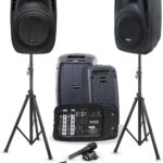 Gemini Portable PA System with Stands, Bluetooth, 600W Powered System with 6-Channel Mixer, Dual 10″ Speakers, Mic & Cables—All-in-One for Events, DJs & Fitness (ES-210MXBLU-ST)