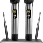 TONOR Wireless Microphones, Metal Dual Professional UHF Cordless Dynamic Mic Handheld Microphone System for Home Karaoke, Meeting, Party, Church, DJ, Wedding, Home KTV Set, 200ft, TW-820 Silver