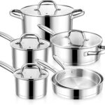 E-far 10-Piece Stainless Steel Cookware Set, Induction Pots and Pans Set with Tri-Ply Base, Non-toxic Kitchen Cooking Set w/Frying Pan, Saucepan, Saute Pan, Stockpot with Lids, Oven & Dishwasher Safe