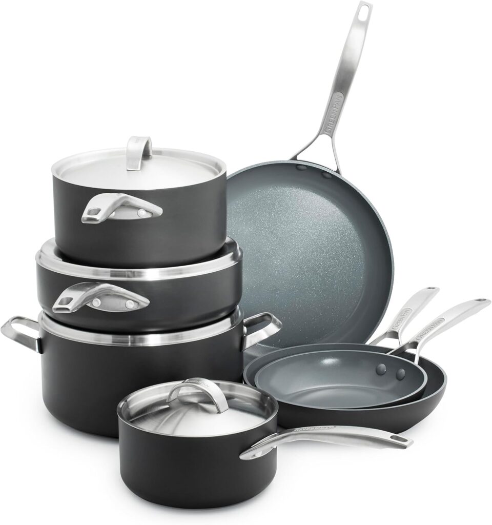 GreenPan Paris Pro Hard Anodized Healthy Ceramic Nonstick, 11 Piece Cookware Pots and Pans Set with Stainless Steel Lids, PFAS-Free, Dishwasher Safe, Grey
