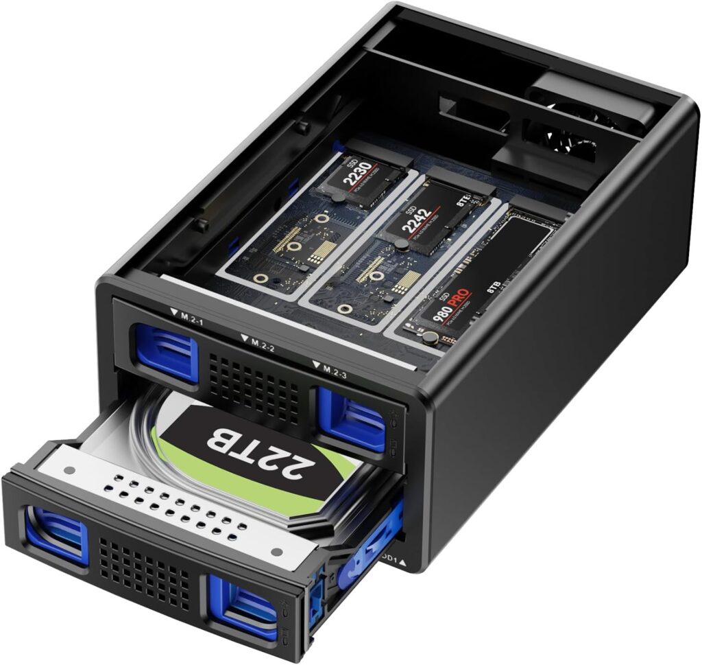 Hybrid 2.5/3.5″ SATA HDD/SSD+3* M / B+M Key M.2 NVMe Enclosure with Cooling Fan and USB A/C 3.2 Gen 2 (10Gbps), Hard Drive Enclosure Support 46TB(22TB HDD+3*8TB 2230/2242/2260/2280/22110 SSDs)