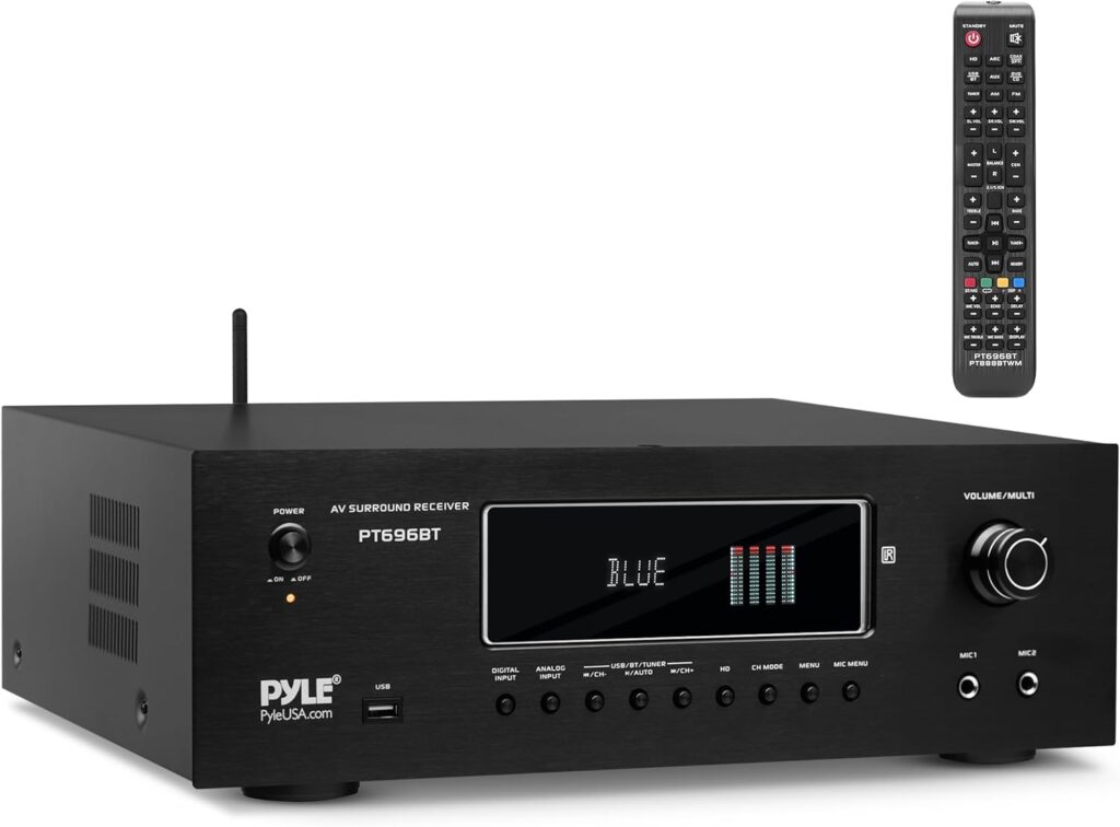 Pyle 1000W Bluetooth Home Theater Receiver – 5.2 Channel Surround Sound Stereo Amplifier System with 4K Ultra HD, 3D Video & Blu-Ray Video Pass-Through Supports, HDMI/MP3/USB/AM/FM Radio – Pyle, Black