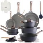 22Pcs Pots and Pans Set Non Stick Non-Toxic Ceramic Cookware Sets Nonstick Kitchen Pot and Pan Set With Lid Gray Granite Induction Compatible with Glass Lids 10″ Griddles Frying Pan PFOA/PFOS-Free