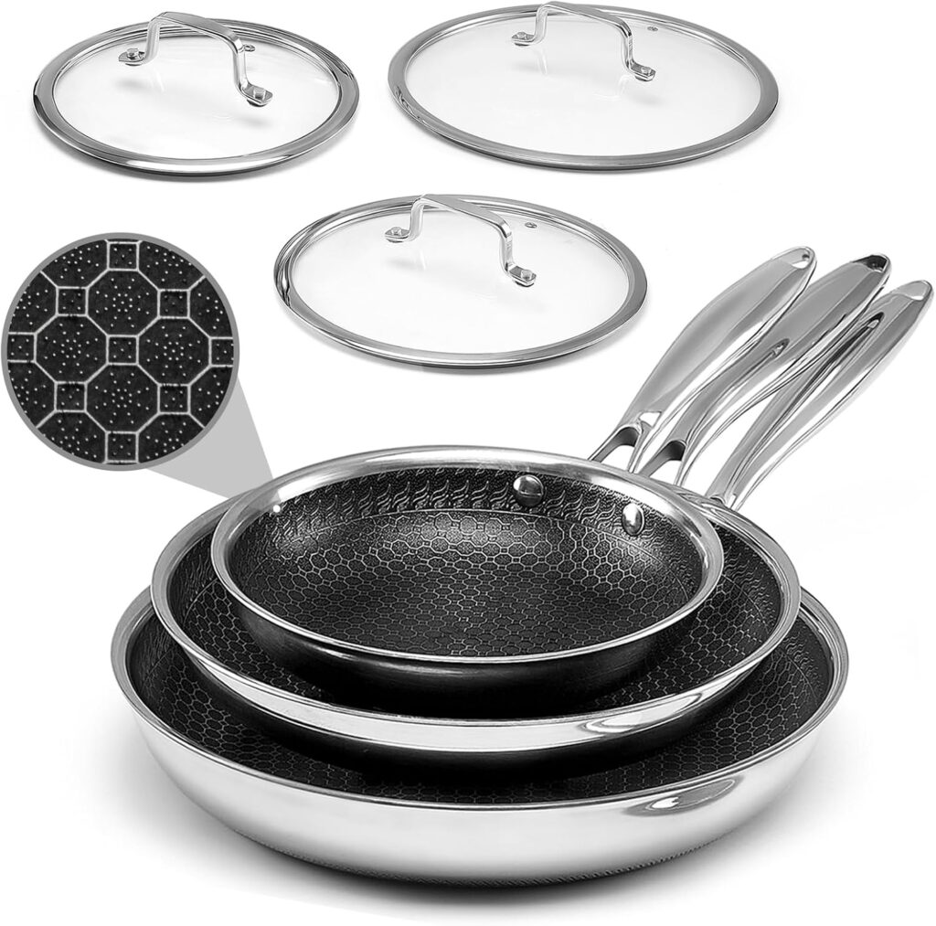 Nonstick Frying Pans with Lid,8/10/12 inch Stainless Steel Skillet Set with Honeycomb Surface, Induction Compatible, Oven & Dishwasher Safe, PFAS-Free Cookware Sets (Stainless Steel, Frying Pan 6PCS)