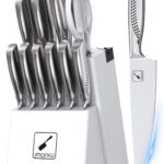 imarku® Knife Set, Japanese HC Stainless Steel 15 PCS Kitchen Knife Set With Block With Built-in Sharpener, Razor-Sharp Blade Knife Block Set With Dotted Ergomomic Handle, Best Birthday Gifts, White