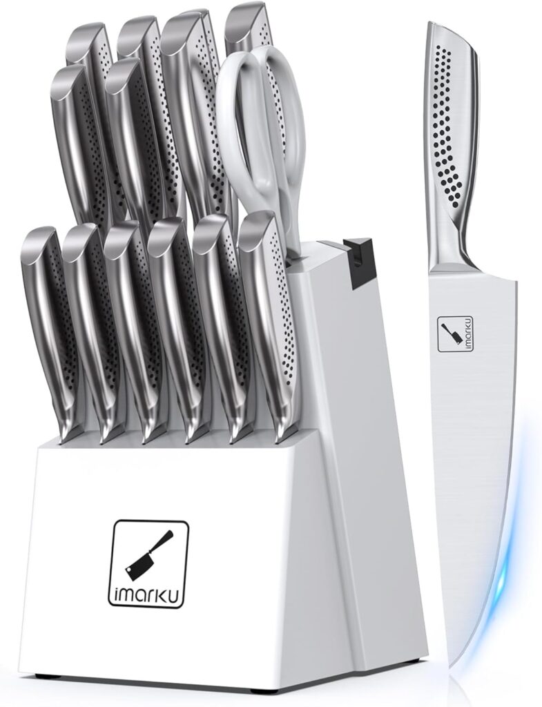 imarku® Knife Set, Japanese HC Stainless Steel 15 PCS Kitchen Knife Set With Block With Built-in Sharpener, Razor-Sharp Blade Knife Block Set With Dotted Ergomomic Handle, Best Birthday Gifts, White