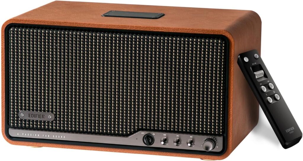 Edifier S300 Hi-Fi Tabletop Speaker, Hi-Res Audio LDAC for Wireless Multi-Room & Stereo Pairing, 80W Power Works with AirPlay 2 Bluetooth 5.4 USB-C AUX Inputs, Retro Design with Remote – Brown