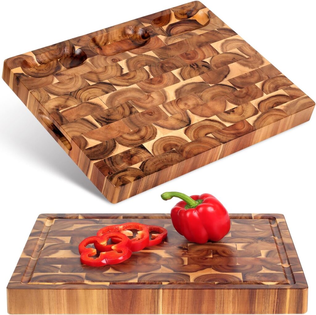 Acacia End Grain Cutting Board (17x13x1.5in), Butcher Block – Reversible Multipurpose Chopping Board with Juice Groove, Cracker Holder & Inner Handles