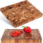 Acacia End Grain Cutting Board (17x13x1.5in), Butcher Block – Reversible Multipurpose Chopping Board with Juice Groove, Cracker Holder & Inner Handles
