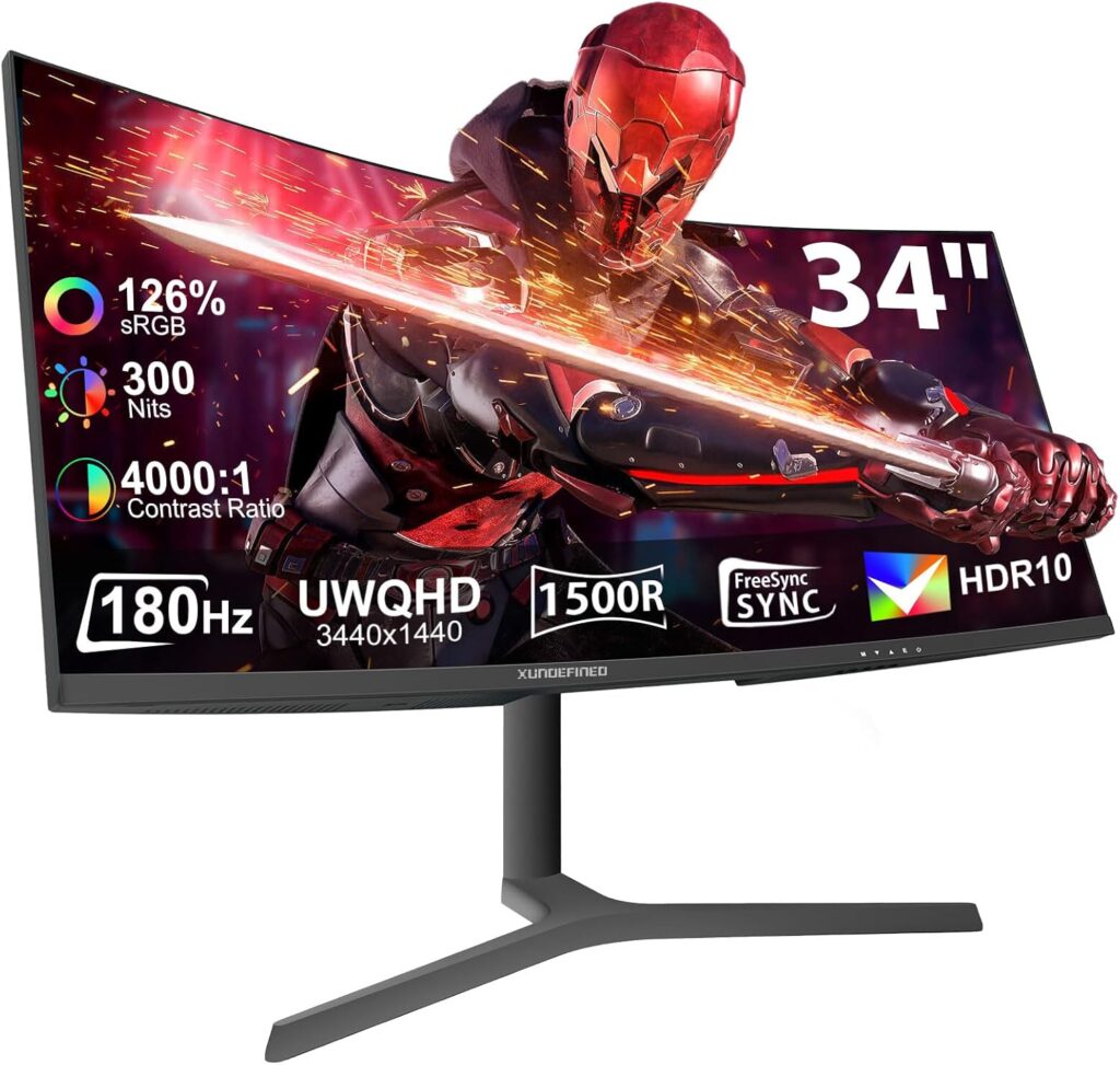 34 Inch Curved Monitor 180Hz, UWQHD 3440x1440p Ultrawide Gaming Monitor R1500 with Speaker, PIP/PBP, 4000:1 Contrast, sRGB126%, HDR, FreeSync & G-SYNC, 1ms(MPRT), HDMI/DP Port, Adjustable Stand, VESA