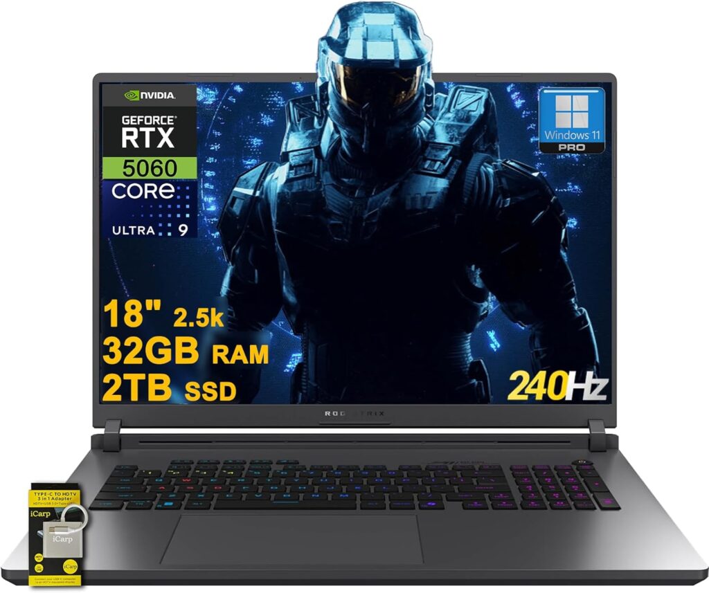 ASUS ROG Strix G18 G815 Gaming AI PC Laptop 18″ 2.5k (2560×1600) 240Hz (100% DCI-P3, 3ms) Intel 24-core Ultra 9 275HX 32GB RAM 2TB SSD GeForce RTX 5060 RGB Backlit Wi-Fi7 Win11Pro ICP Hub/Copilot AI