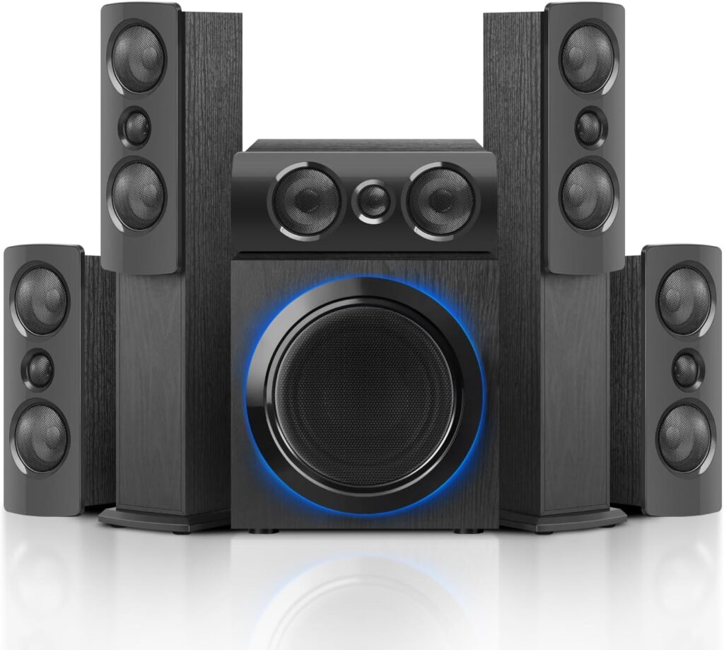 5.1 Surround Sound Speaker System with 6.5″ Subwoofer Stereo, Home Theater System with Five 1″ Tweeters and Ten 2.5″ Mids, Supports RCA/BT/Optical Inputs for TV PCs, Black Textured Wood Case