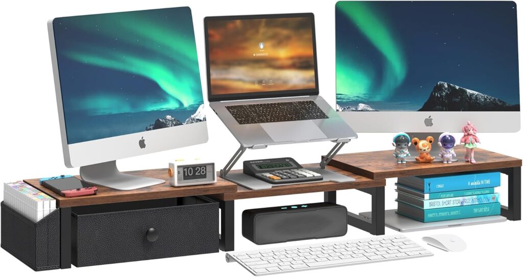 LAND·VOI Heavy Duty Dual Monitor Stand, Holds 2 Screens Up to 27 Inches, Adjustable Length and Angle Monitor Riser, Desk Organizer with Side Pockets and Drawers, Home Office Desk Storage, Rustic Brown