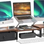 LAND·VOI Heavy Duty Dual Monitor Stand, Holds 2 Screens Up to 27 Inches, Adjustable Length and Angle Monitor Riser, Desk Organizer with Side Pockets and Drawers, Home Office Desk Storage, Rustic Brown