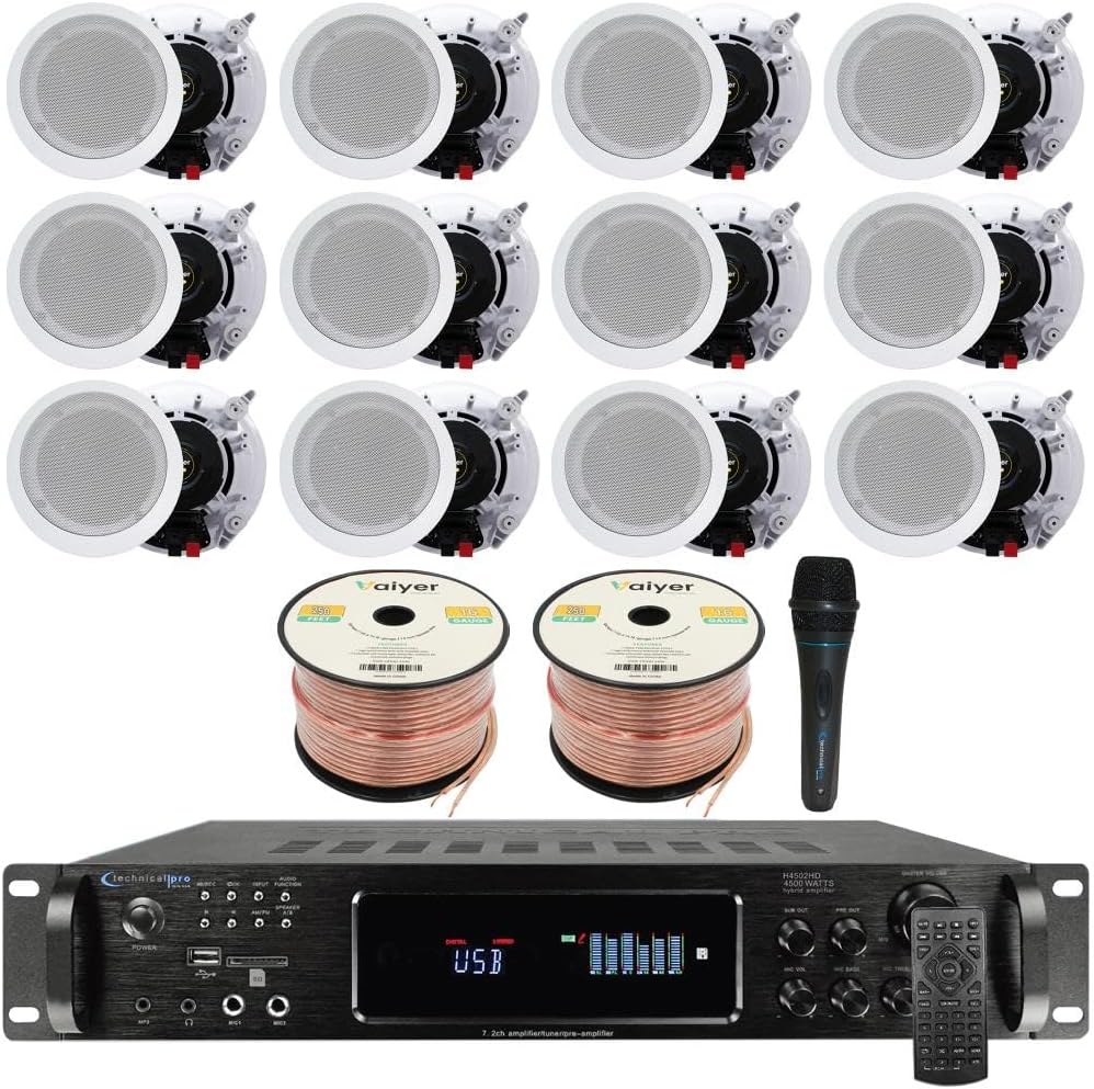 Vaiyer Home Stereo System Kit – 7.2 Channel 4500 Watts Bluetooth Amplifier with 12 Qty of 6.5″ Ceiling Speakers 200W Each, Mic, 16 AWG 500 ft. Speaker Wire & Remote for Home, Bar, Office, Restaurant