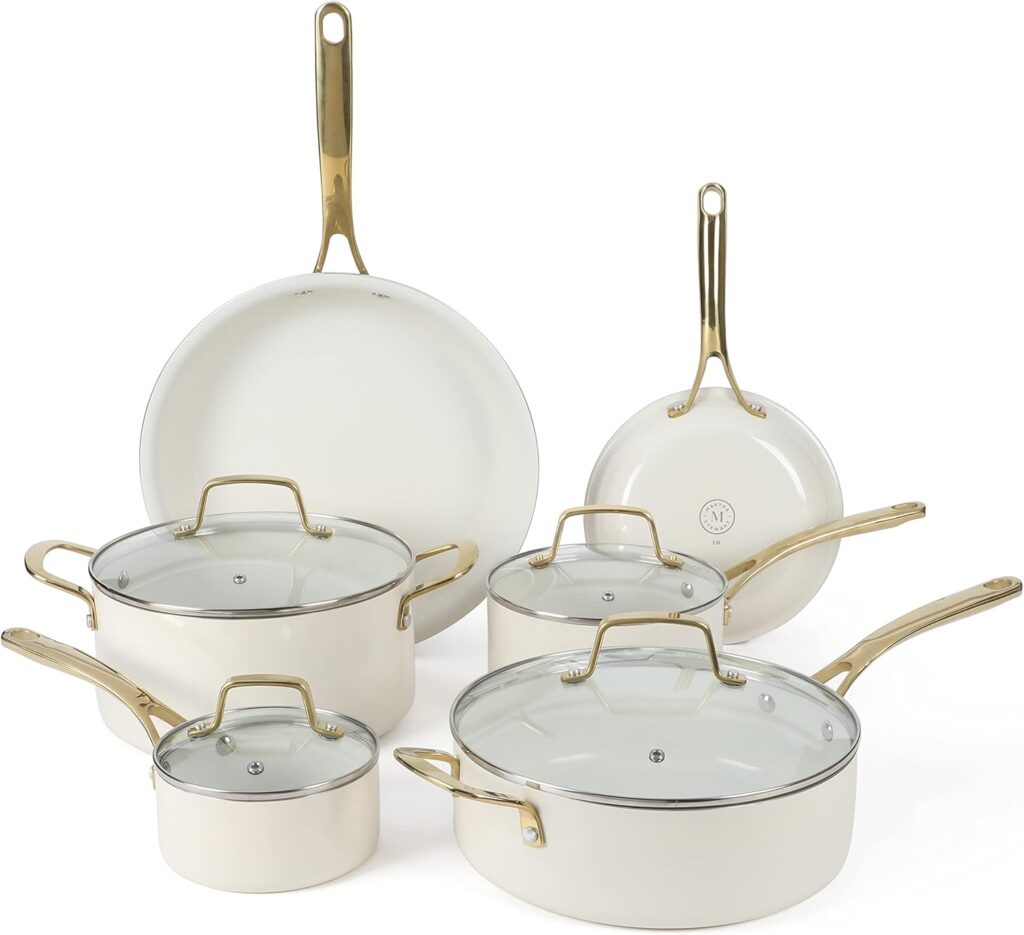 Martha Stewart Lockton Premium Non stick Non Toxic PFA Free Ceramic Interior 10 Piece Heavy Gauge Enamel Aluminum Pots and Pans Cookware Set – Linen White w/Gold Handle