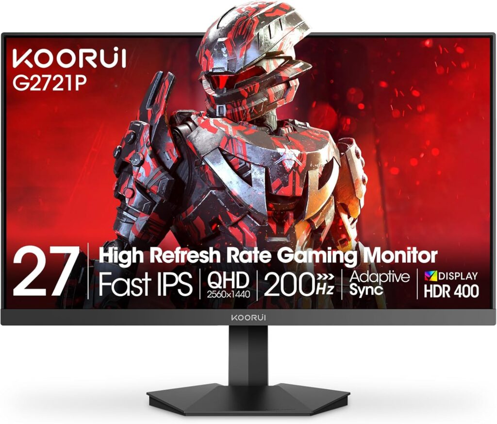 KOORUI 27″ Gaming Monitor, 200Hz 1ms Fast IPS, WQHD (2560 x 1440p) HDR 400 Display, DCI-P3 95% Color Gamut, FreeSync Premium, Adaptive G-Sync, HDMI x 2, DisplayPort, G2721P