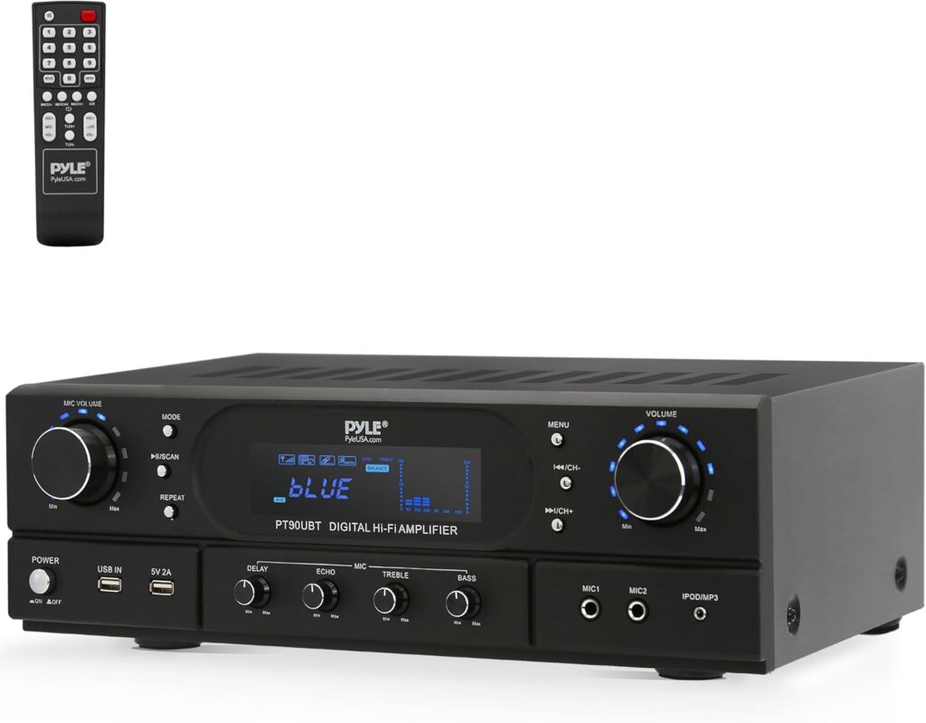 Pyle Home Bluetooth Theater Receiver Amplifier – 500 Watts Peak Power Amp w/Treble, Bass, Echo Control, MP3/USB/FM, Dual Channel Audio Stereo System for Streaming Entertainment, Karaoke