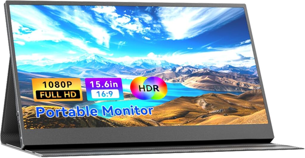 Portable Monitor 15.6 inch FHD 1080P 60Hz IPS Display, Dual USB-C & Mini HDMI Ports, Ultra-Slim Gaming Monitor with Smart Cover, Plug & Play for Laptop PC Mac Phone PS5 Xbox Switch