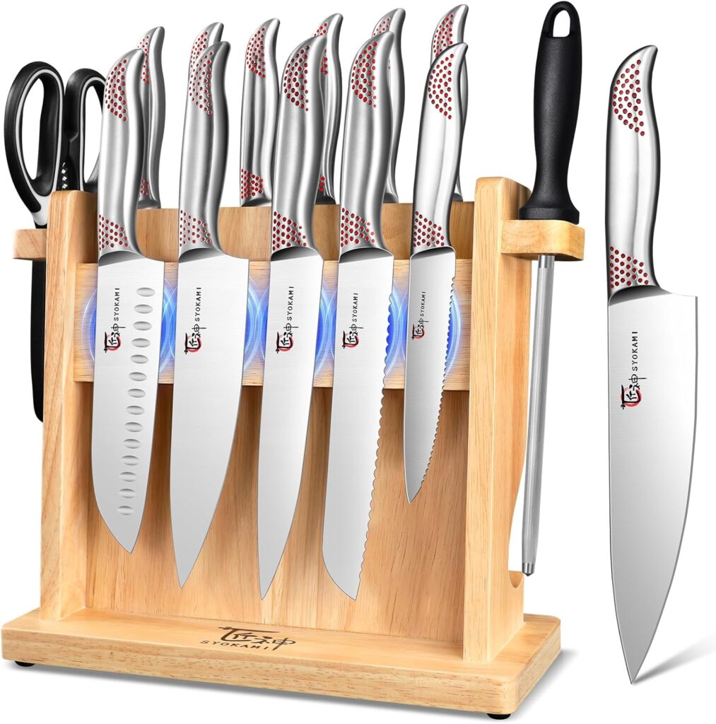 Japanese Knives Set for Kitchen, Magnetic Knife Set with Block and Sharpener, Stainless Steel Knife Set as Gift for Couple, Wedding, Women or Mom with Gift Box, 14 PCS Redd Dot