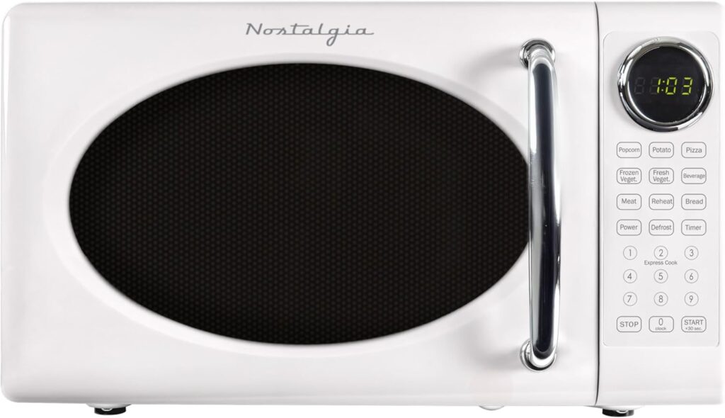 Nostalgia Retro Microwave Oven – 0.7 Cu Ft, 700-Watt Countertop Size with Glass Turntable, Child Safety Lock, 8 Auto-Cook Programs, Digital Clock – White