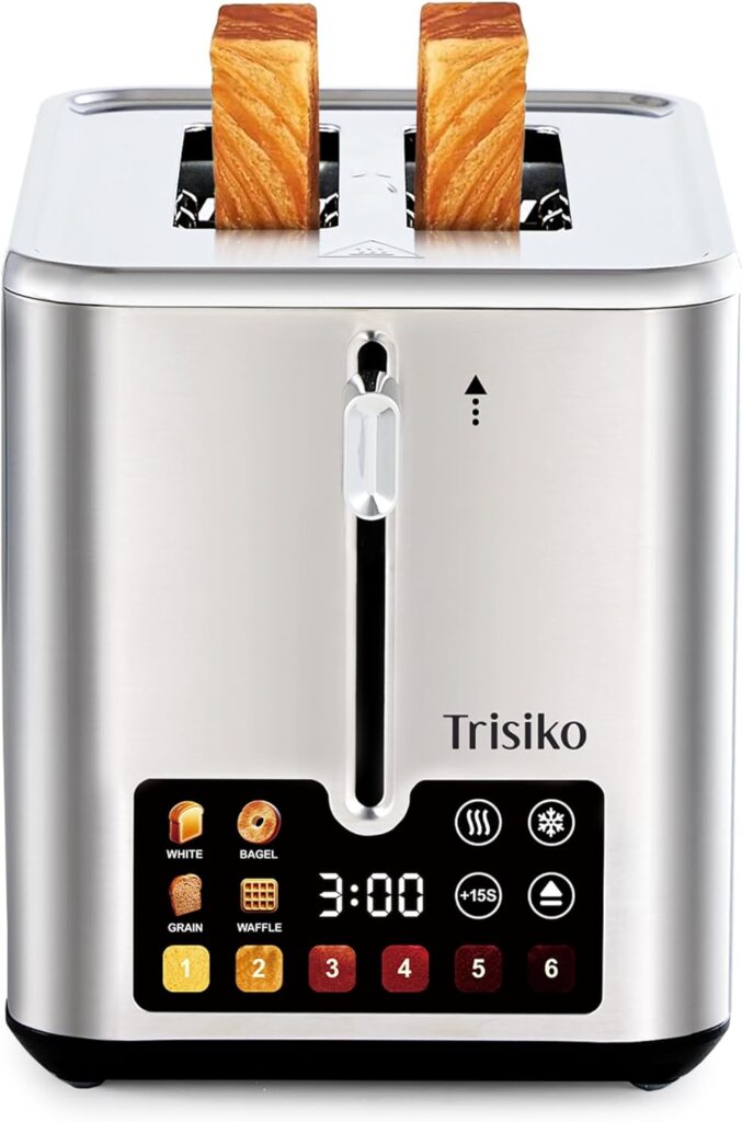 Trisiko® Touch Screen Toaster 2 Slice, Stainless Steel Smart Toaster with Digital Timer, 1.38″ Extra-Wide Slots for Bread& Bagel,with Reheat, Defrost, Cancel, +15s Boost, Great for Home, Office, Dorm