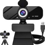 1080P HD Webcam with Built-in Microphone, Rotatable Tripod, Wide-Angle Lens,Privacy Cover, Auto Light Correction, Plug & Play USB-A Webcam for Laptop, Desktop, PC, Streaming-Black