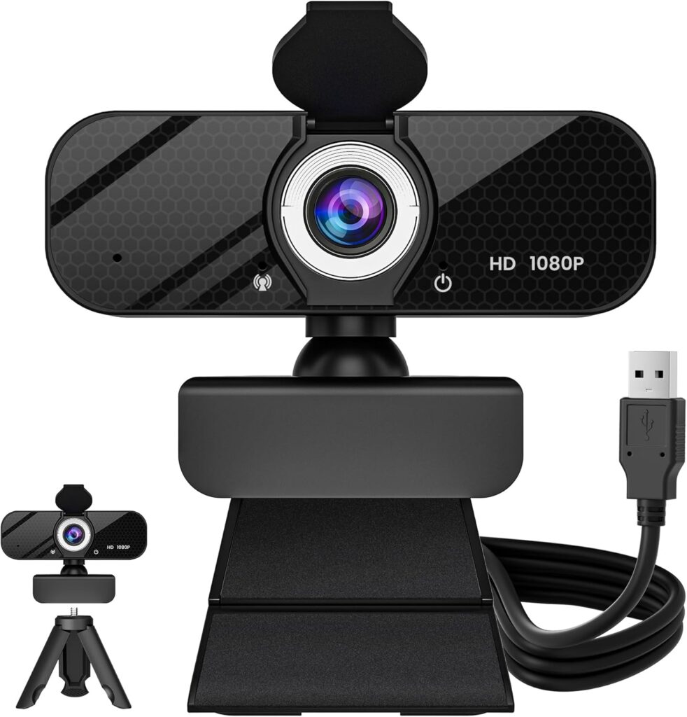 1080P HD Webcam with Built-in Microphone, Rotatable Tripod, Wide-Angle Lens,Privacy Cover, Auto Light Correction, Plug & Play USB-A Webcam for Laptop, Desktop, PC, Streaming-Black