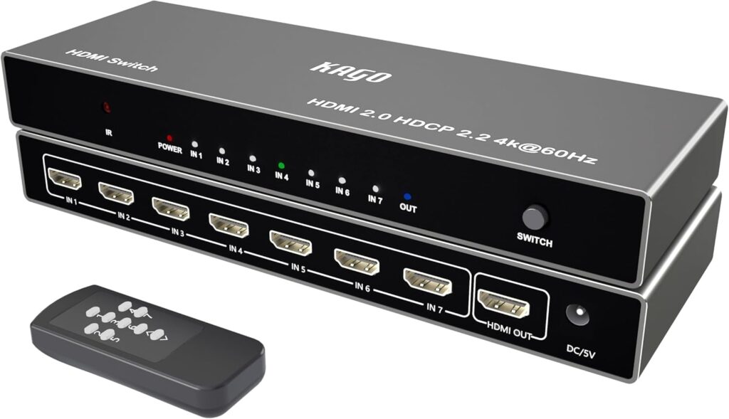 KAGO HDMI Switch 7 in 1 Out 4K@60Hz,7 Ports HDMI Splitter with Remote,HDMI Selector Switcher Box Hub HDR HDCP 3D, Aluminum Premium Quality, Compatible with PS5/4 Xbox Roku Fire Stick Apple TV