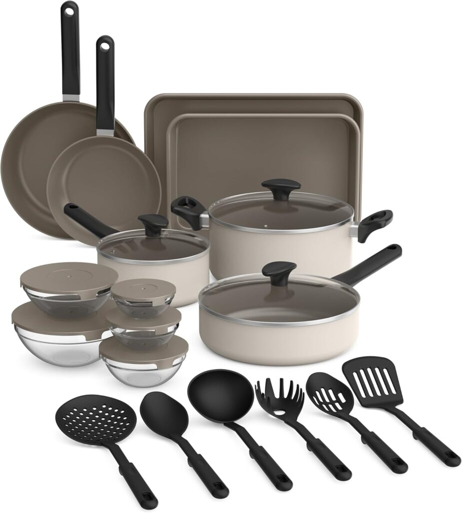 bella 21 Piece Kitchen Set with EverGood™ Ceramic Nonstick Coating, Dishwasher & Oven Safe, All Stovetops Compatible, Tempered Glass Lids & Cool Touch Handles, Oatmilk
