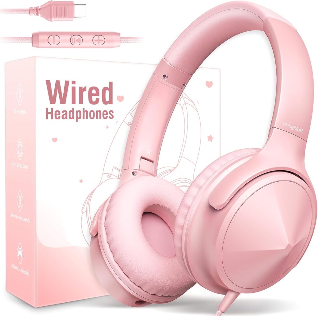 USB C Over Ear Headphones Wired, USB C Wired Headphones with Microphone, Volume Control, HD Stereo Sound, Foldable & Lightweight USB Type C Headphone,Pink