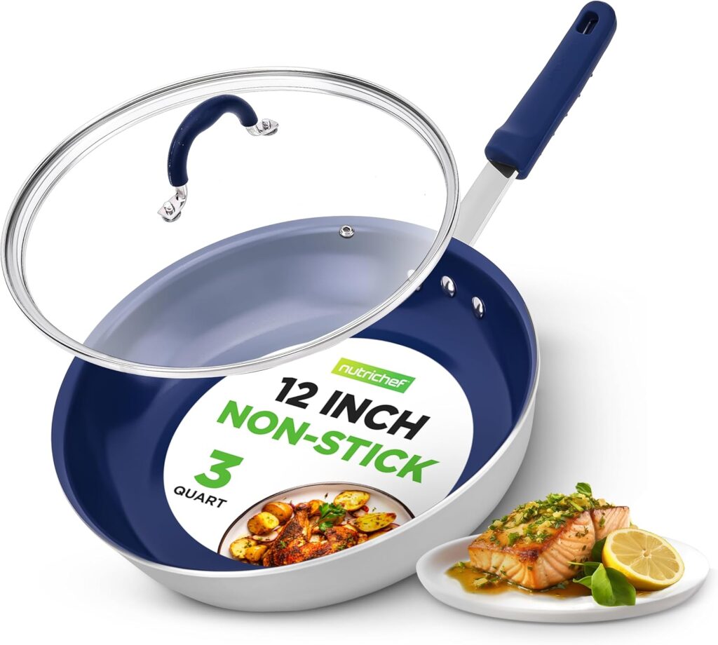 NutriChef 12″ Fry Pan With Lid – Large Skillet Nonstick Frying Pan with Silicone Handle, Ceramic Coating, Blue Silicone Handle, Stain-Resistant, Easy To Clean, Professional Home Cookware